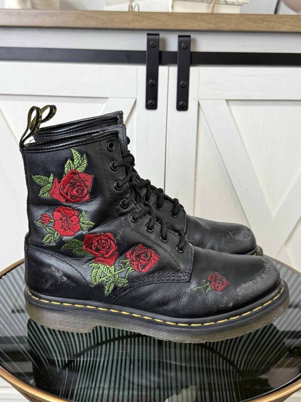 Dr. Martens 1460 Vonda Black Leather Biker Grunge Embroidered Boots Women’s 8